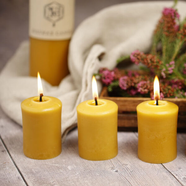 Small Beeswax Pillar Candles Lit