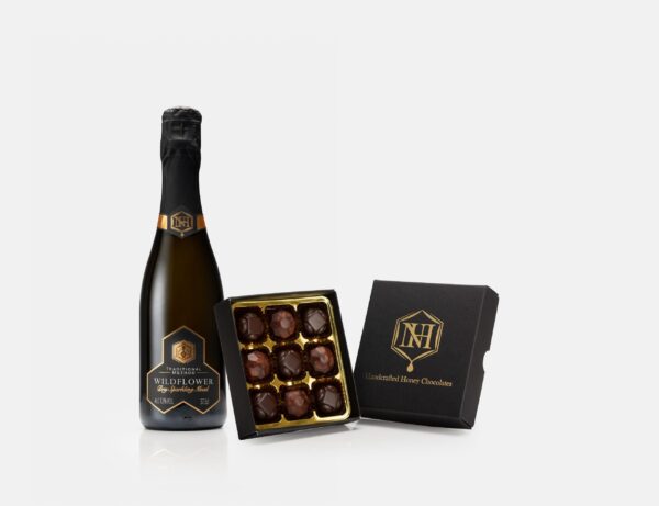 half Sized minature bottle of Wildflower sparkling mead with honey chocolate truffles