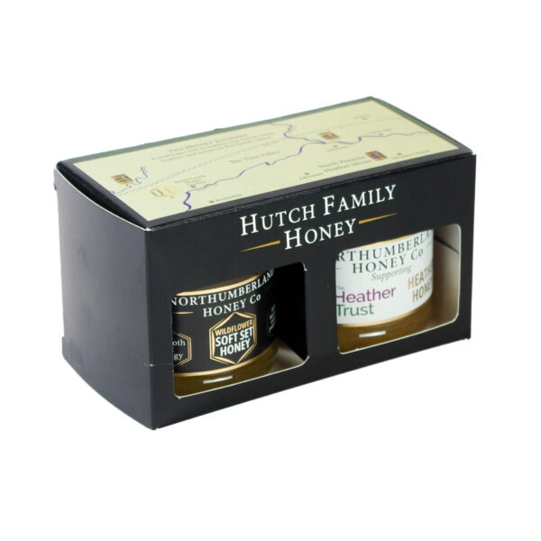 British honey gift set with two 120g jars of Soft Set and Heather Honey in Hutch Family Honey gift box